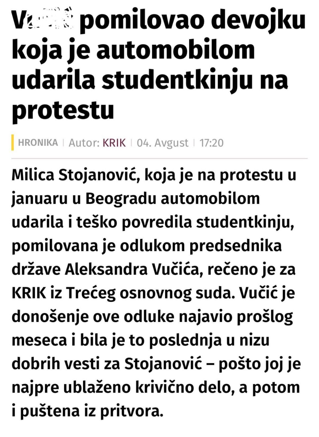 A pardoned girl who hit the student with a protest car