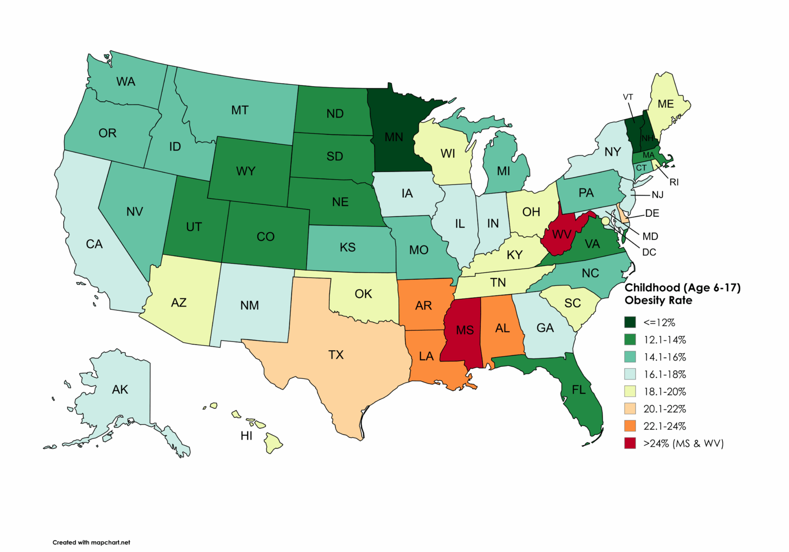 [OC] Childhood (Age 6-17) Obesity Rate by U.S. State (Data: National Survey of Children’s Health | Tool: Mapchart.net)