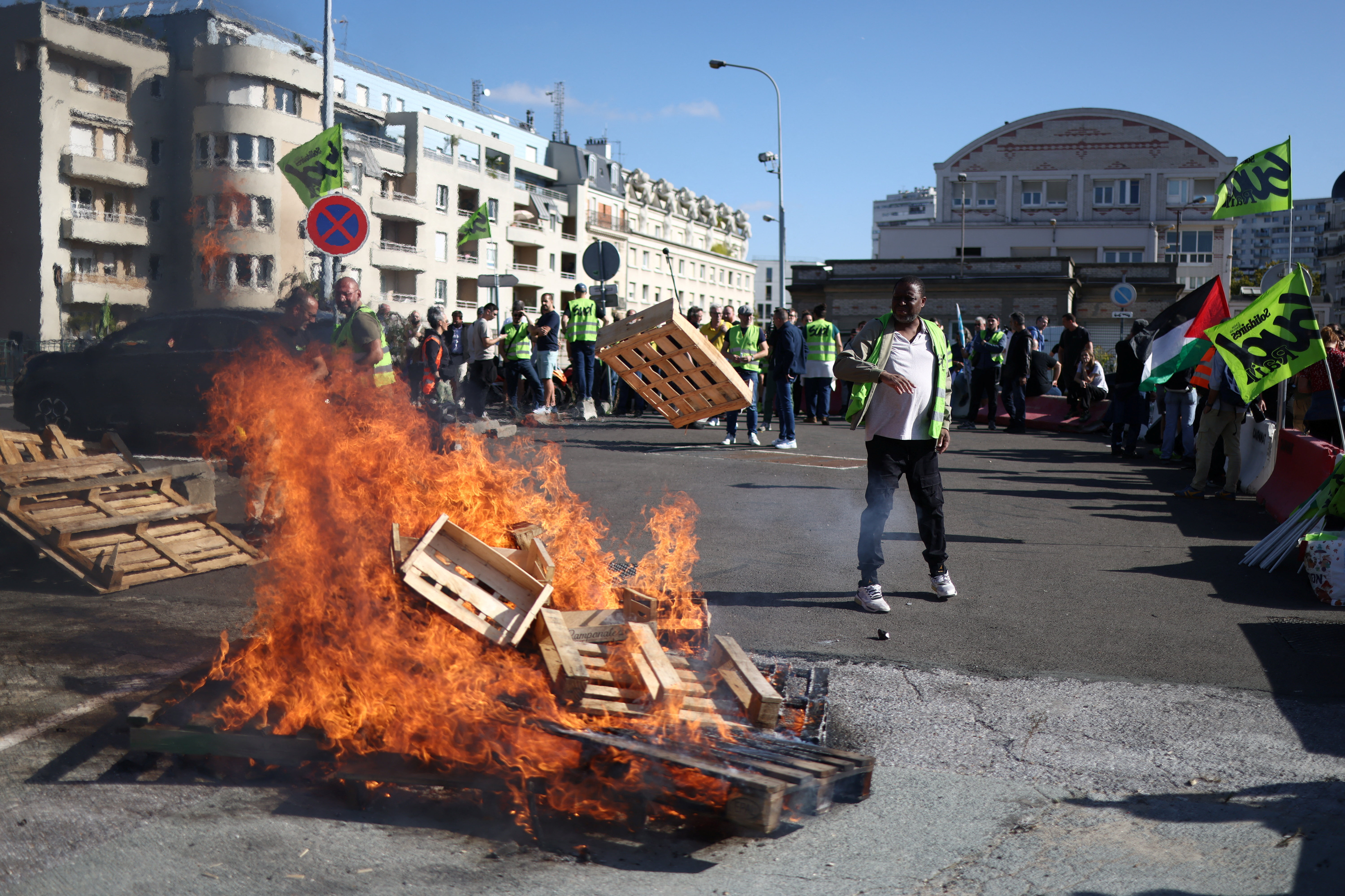 Burning pallets at a French protest.