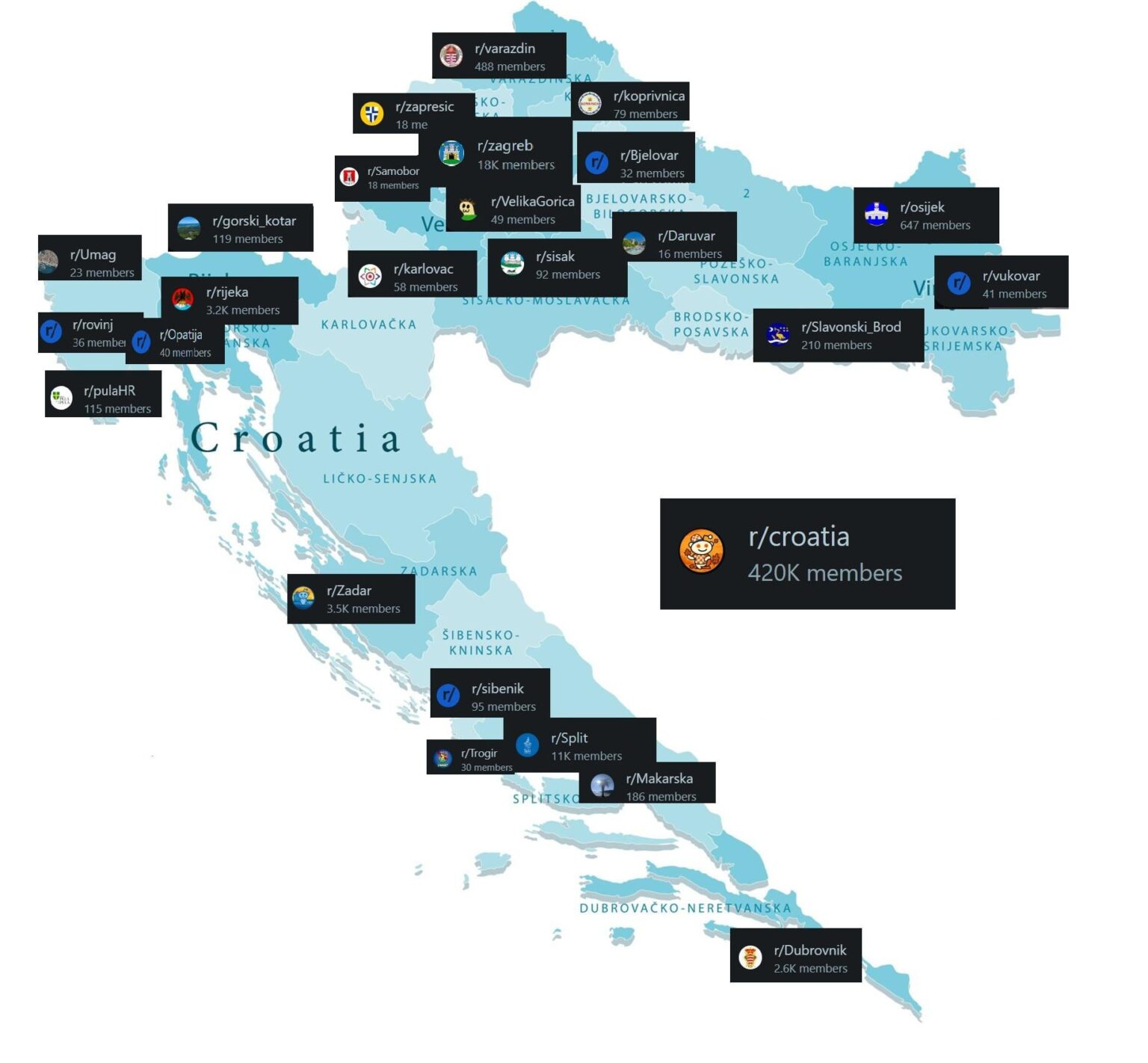 Map of local Croatian subdivisions