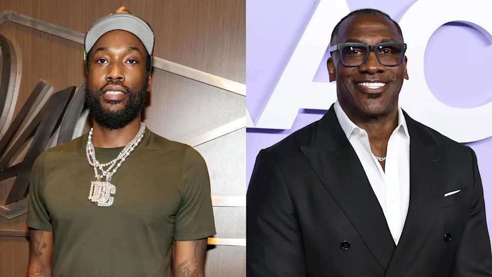 Meek Mill in a green shirt and cap on the left; Shannon Sharpe in a black suit and glasses on the right.