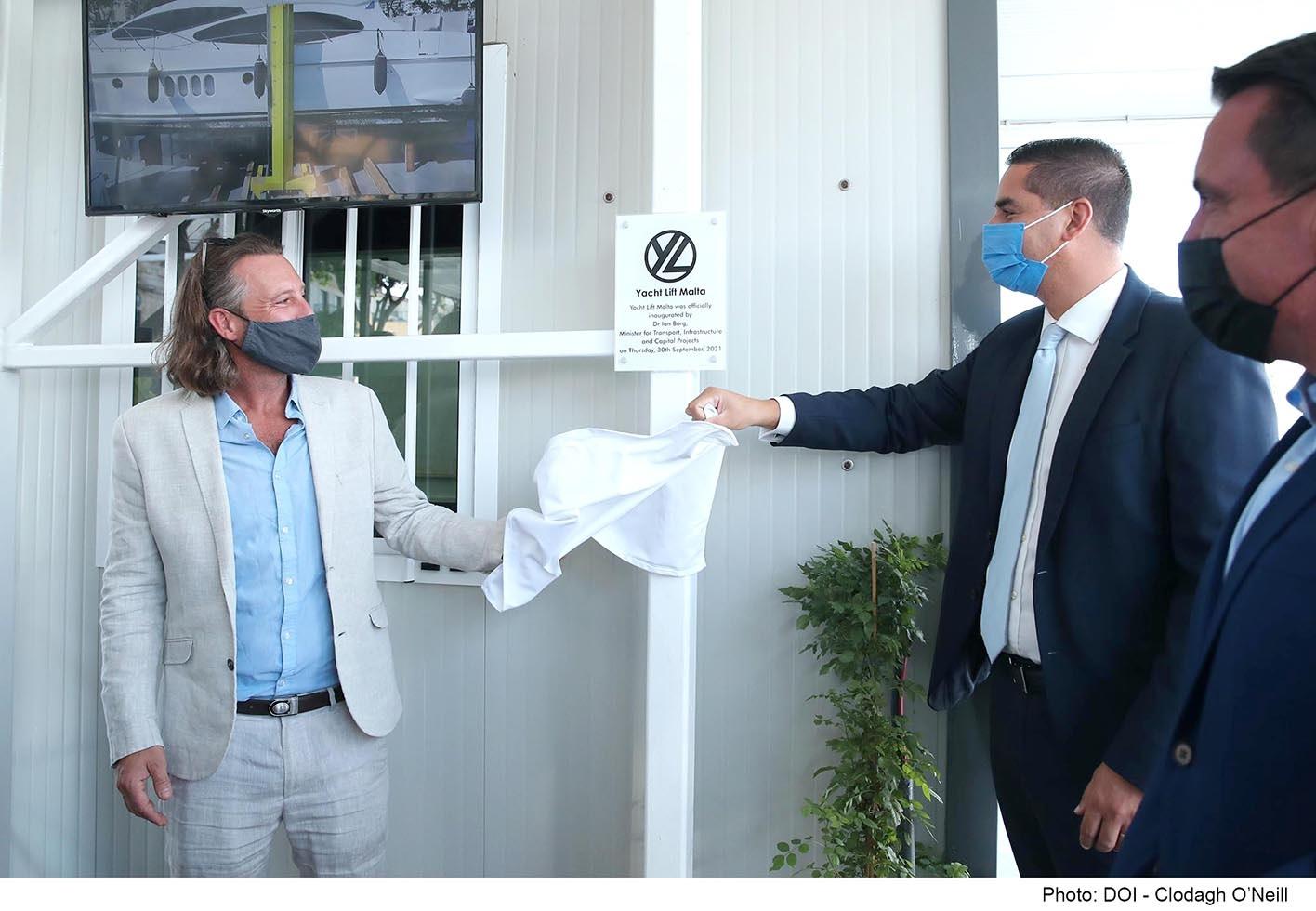 Ian Borg (right) inaugurating the yacht lifting facility with company director Daniel Gatt.