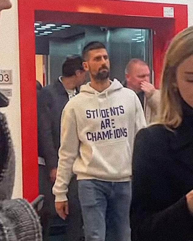 Djokovic was spotted wearing a jumper stating 'students are champions' at a basketball match earlier this year