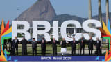 RIO DE JANEIRO, BRAZIL - JULY 6: Russia's Foreign Minister Sergey Lavrov, UAE's President Sheikh Mohamed bin Zayed al-Nahyan, Indonesia's President Prabowo Subianto, South Africa's President Cyril Ramaphosa, Brazil's President Luiz Inacio Lula da Silva, India's Prime Minister Narendra Modi, China's Premier Li Qiang, Ethiopia's Prime Minister Abiy Ahmed, Egypt's Prime Minister Mostafa Madbouly, and Iran's Foreign Minister Abbas Araghchi pose for the family photo as part of the Brics Summit 2025 at Museu de Arte Moderna on July 6, 2025 in Rio de Janeiro, Brazil.