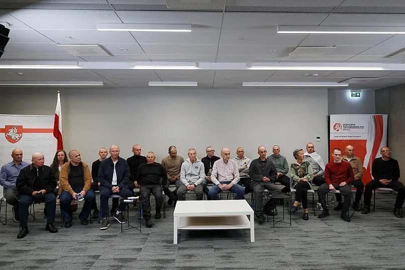 Released Belarus prisoners give a press conference in Vilnius on 12 September 2025.