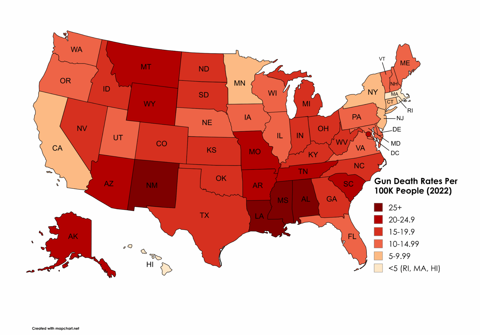 [OC] Gun Death Rates Per 100K People (2022)
