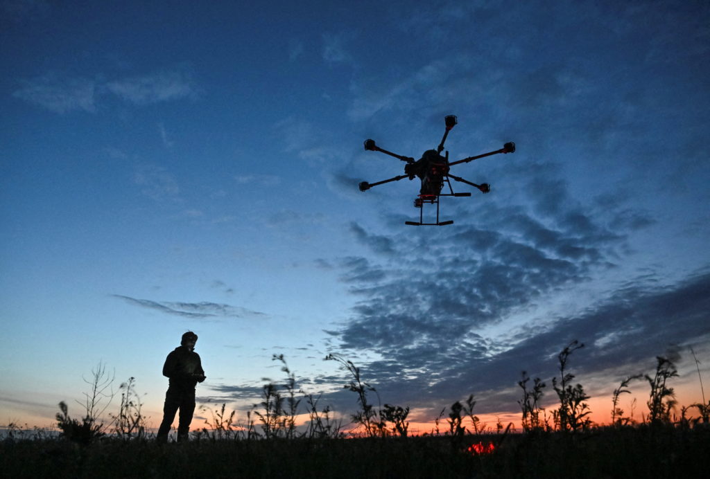 FILE PHOTO: Ukrainian servicemen launches a Vampire combat drone before flying over positions of Russian troops in Zaporiz...