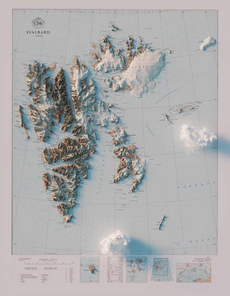 1980 Norsk Polarinstitutt map of Svalbard that I recently 3D rendered with modern elevation/terrain data