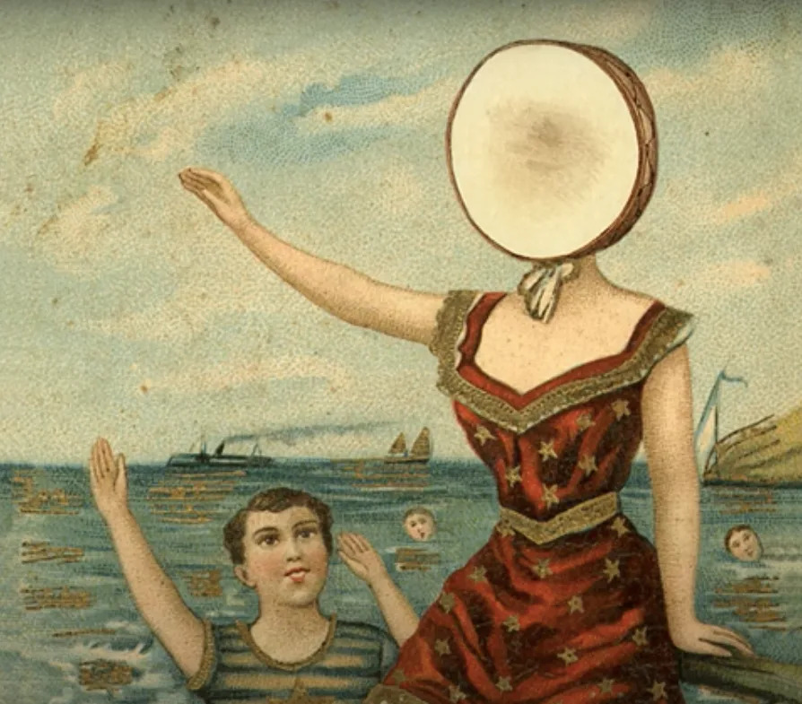 Vintage illustration of a woman with a tambourine face and child in a swimsuit waving in the ocean, with ships and swimmers in the background
