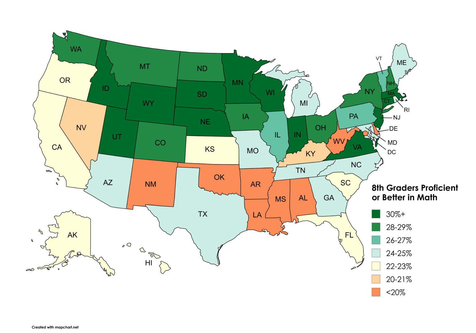 [OC] Percent of 8th Graders Proficient or Better in Math by US State in 2022