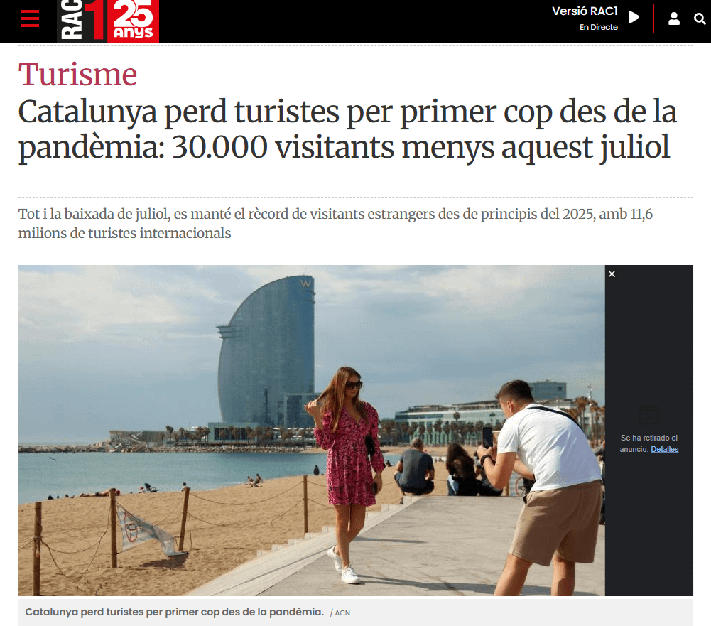 Catalonia loses tourists for the first time from the pandemic: 30,000 visitors less this July