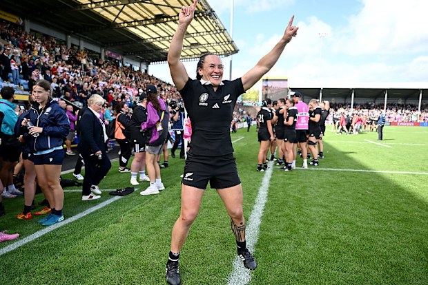 Portia Woodman-Wickliffe of New Zealand celebrates the team's victory.