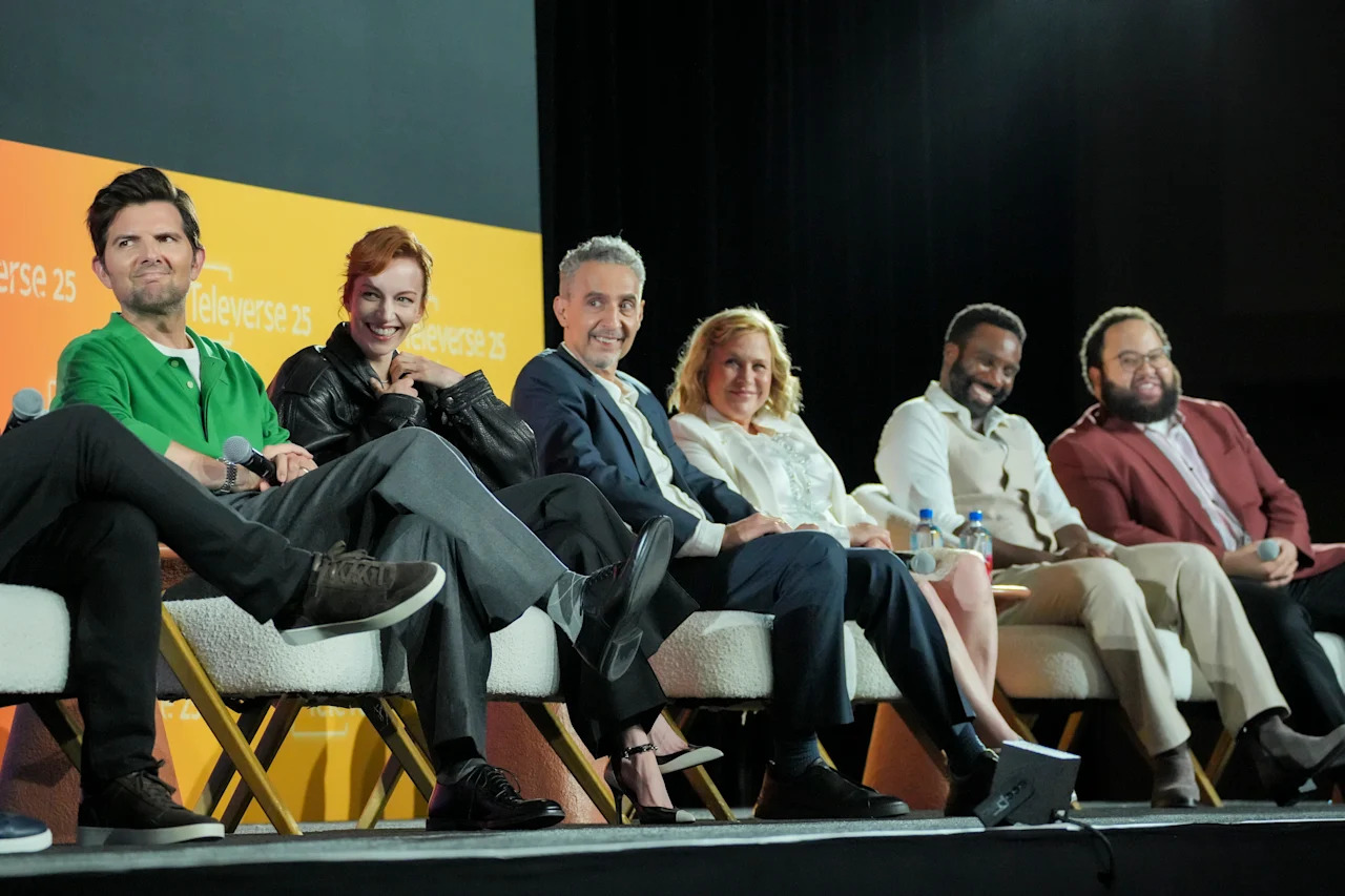 From left to right: Adam Scott, Britt Lower, John Turturro, Patricia Arquette, Tramell Tillman and Zach Cherry