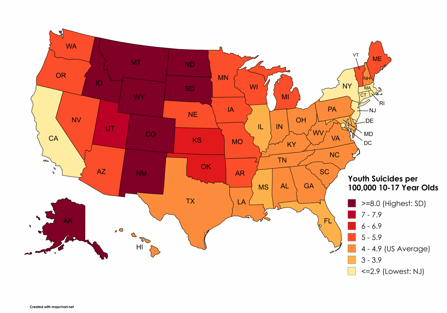[OC] Annual Youth Suicides per 100,000 10-17 Year Old's by US State (2009-2023)
