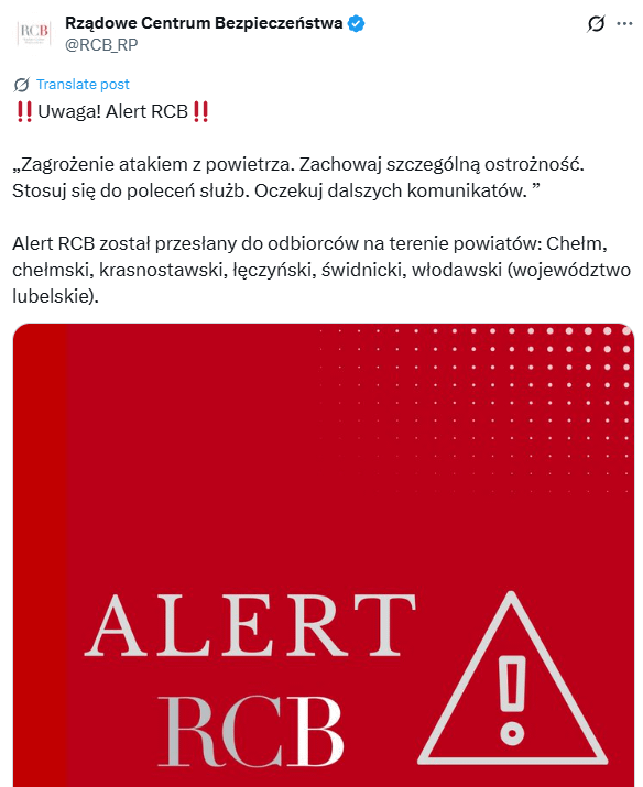 Threat of an air attack. Exercise particular caution. Follow the instructions of the services. Await further announcements.