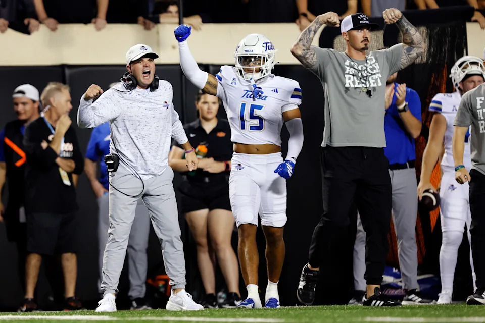 STILLWATER, OK - SEPTEMBER 19:  Head coach Tre Lamb of the Tulsa Golden Hurricane celebrates after his defense stopped the Oklahoma State Cowboys on 4th-and-2 at the five yard line in the third quarter at Boone Pickens Stadium on September 19, 2025 in Stillwater, Oklahoma.  Tulsa won 19-12.  (Photo by Brian Bahr/Getty Images)