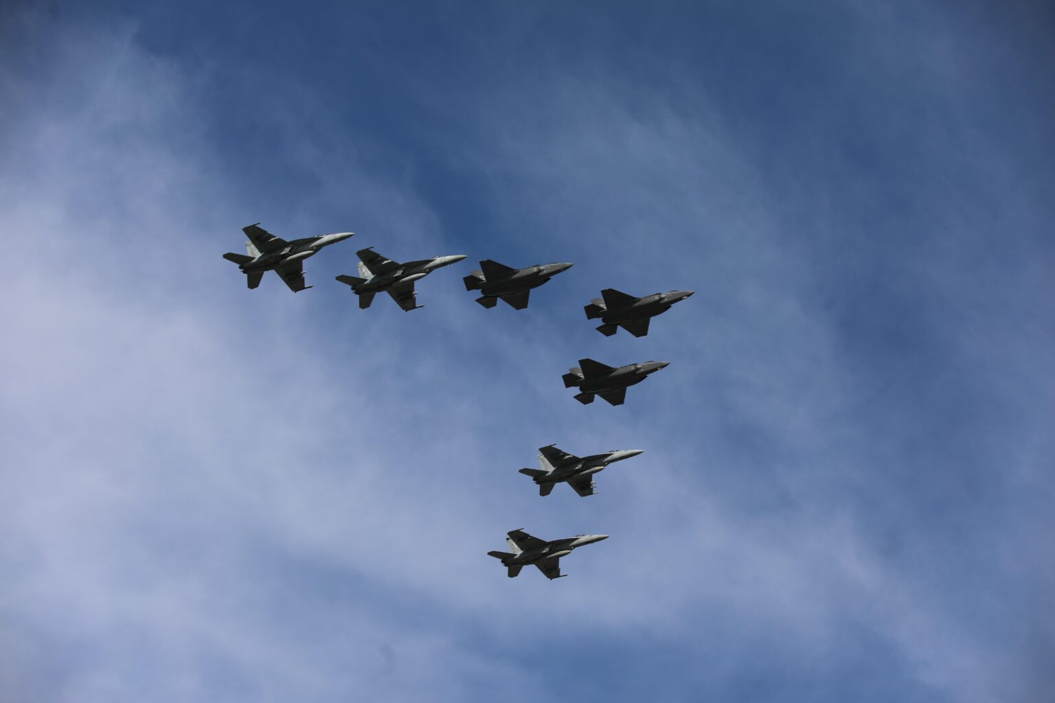 Carrier Air Wing 8 F/A-18 Super Hornets, deployed aboard the aircraft carrier USS Gerald R. Ford (CVN 78), and Royal Norwegian Air Force F-35A Lightning IIs overfly Ørland Air Base, Norway, during High North operations, Aug. 27, 2025.