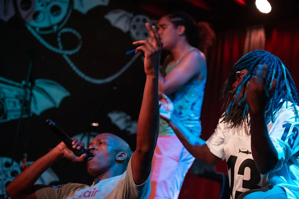 (L-R) DK, Cardynal and 96Vizion perform at the "Bird Brain" album release party at Flicker Theatre on Friday, Aug. 29, 2025.
