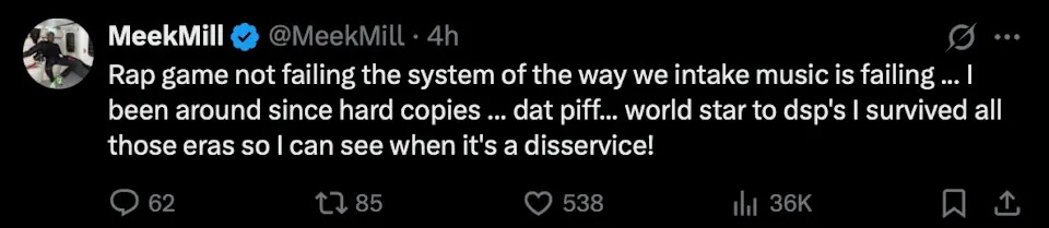 Tweet by Meek Mill discussing changes in music consumption, mentioning hard copies, DatPiff, and WorldStar, with engagement stats below.
