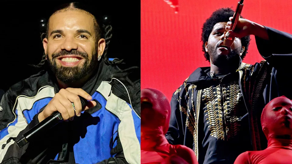 Drake smiling in a blue and black jacket; The Weeknd performing with a microphone, wearing a black and gold outfit.