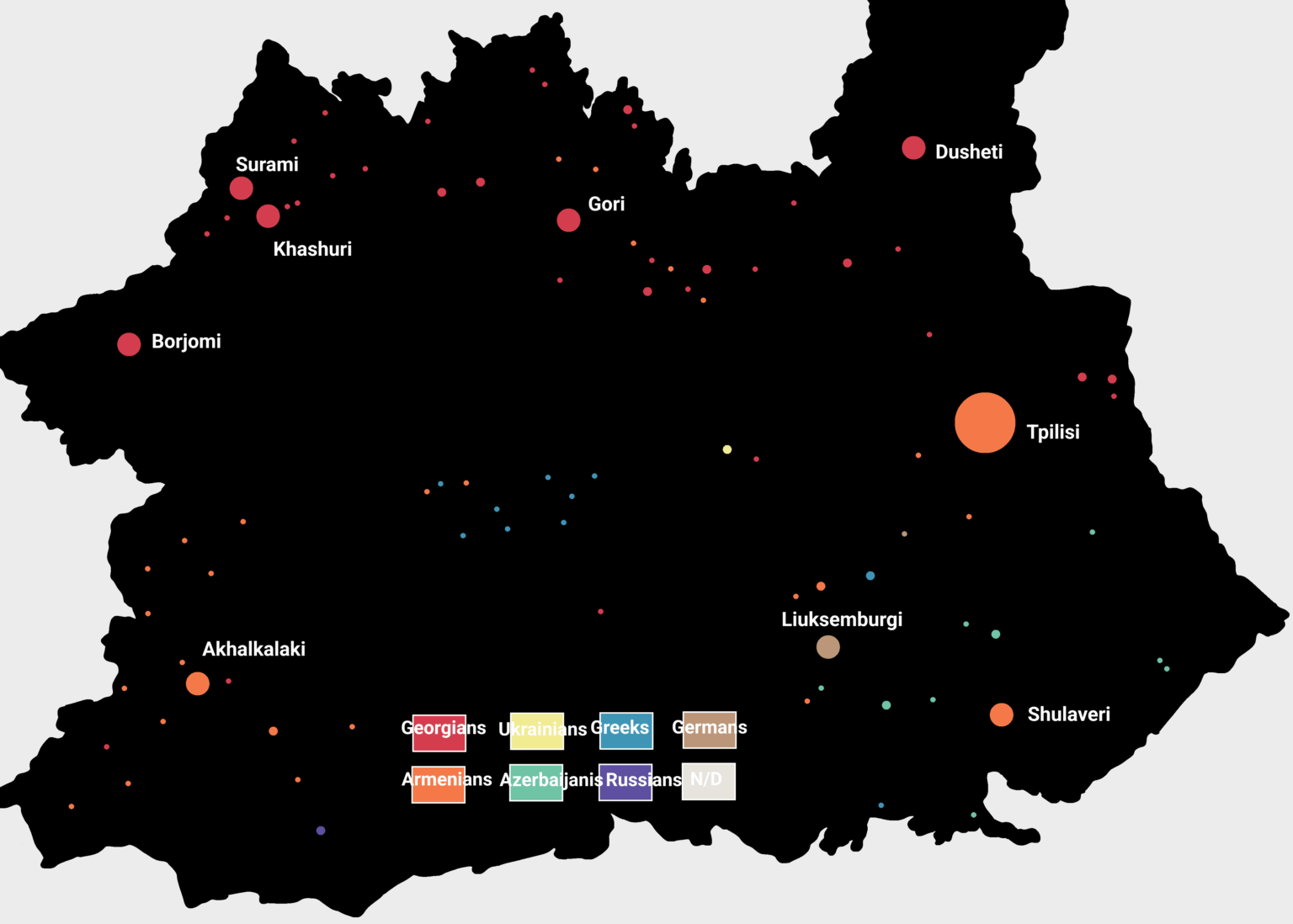 Ethnic map of settlements with population over 1K in Central Georgia (1926)