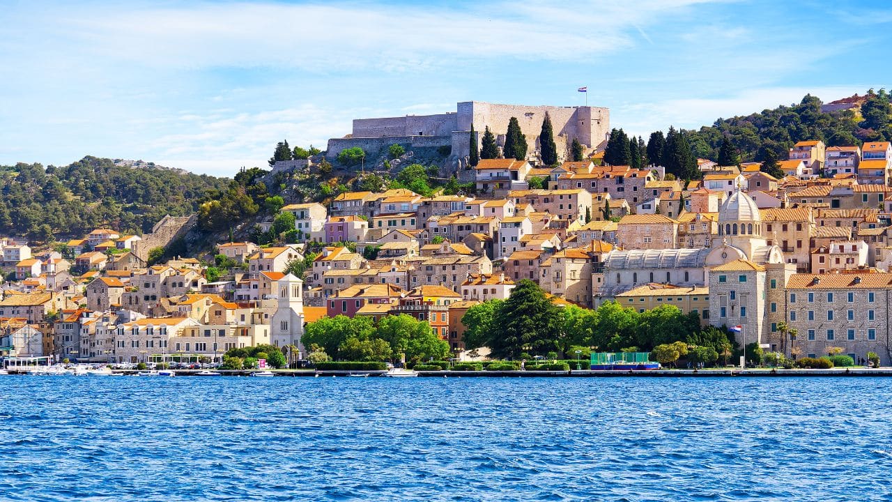 Sibenik, Croatia. UNESCO city of Sibenik architecture and coastline, Dalmatia, Croatia. Colorful historic town.