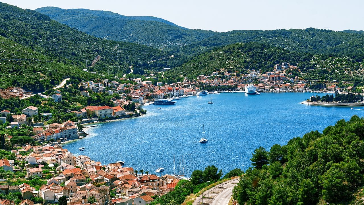 Island of Vis bay aerial view, Dalmatia, Croatia. Europe paradice Vis Island in bay of adriatic sea.