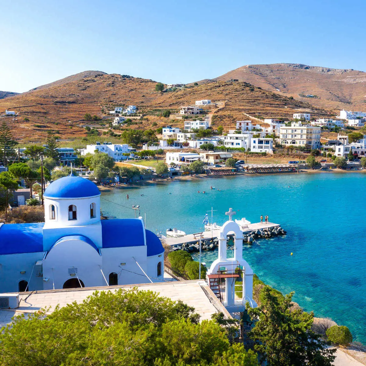 Blue Dome Church On The Oceanfront In Syros, Greece
