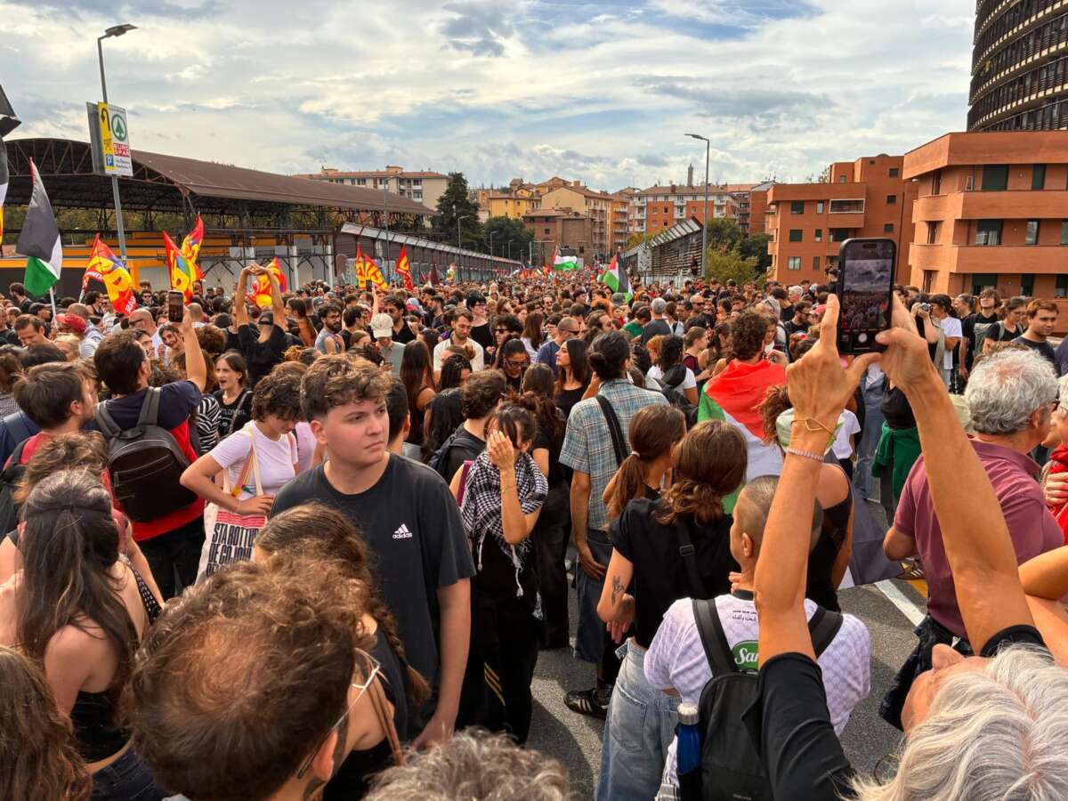 Protesters march in Bologna on September 22, 2025.