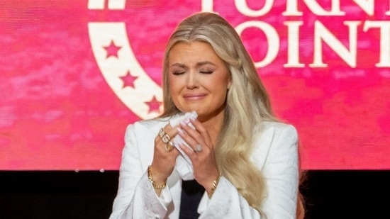 Erika Kirk, chief executive officer of Turning Point USA, during a memorial service for Turning Point USA founder Charlie Kirk.(Bloomberg)