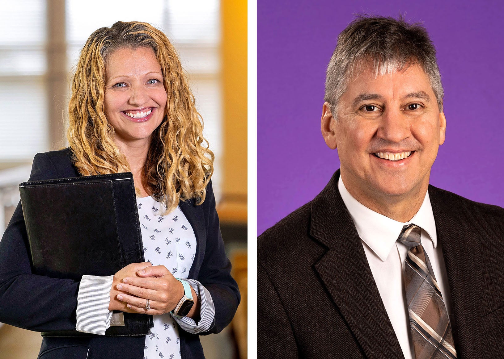 In two separate images combined into one, A woman with blonde curly hair wearing a blue blazer over a white flowered blouse is holding a portfolio and smiling in a hallway is at left, while A smiling man in a dark brown suit jacket, tie and white shirt poses in front of a purple background.