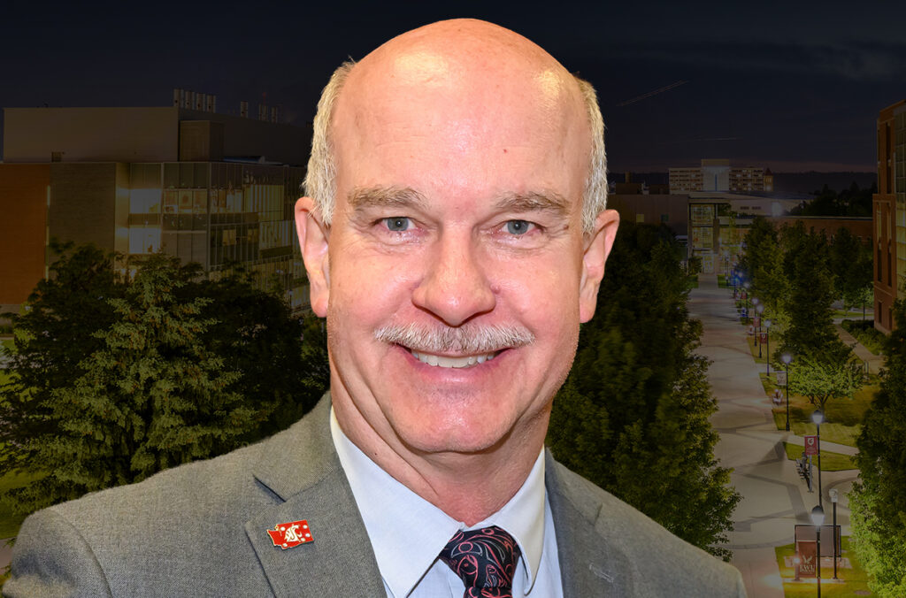 Composite featuring a closeup of Daryll DeWald and an aerial view of the WSU Spokane campus.