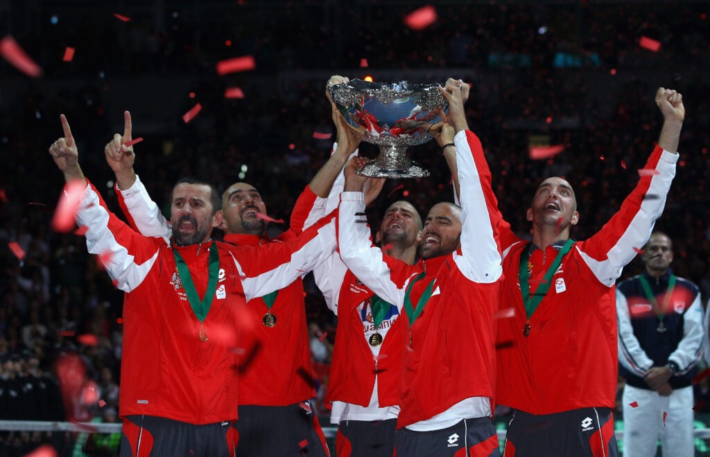 Team Serbia celebrate with the Davis Cup title in 2010