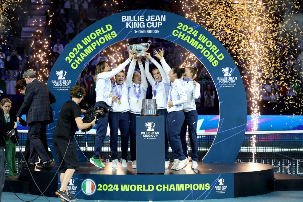 Team Italy celebrate with the Billie Jean King Cup title in 2024