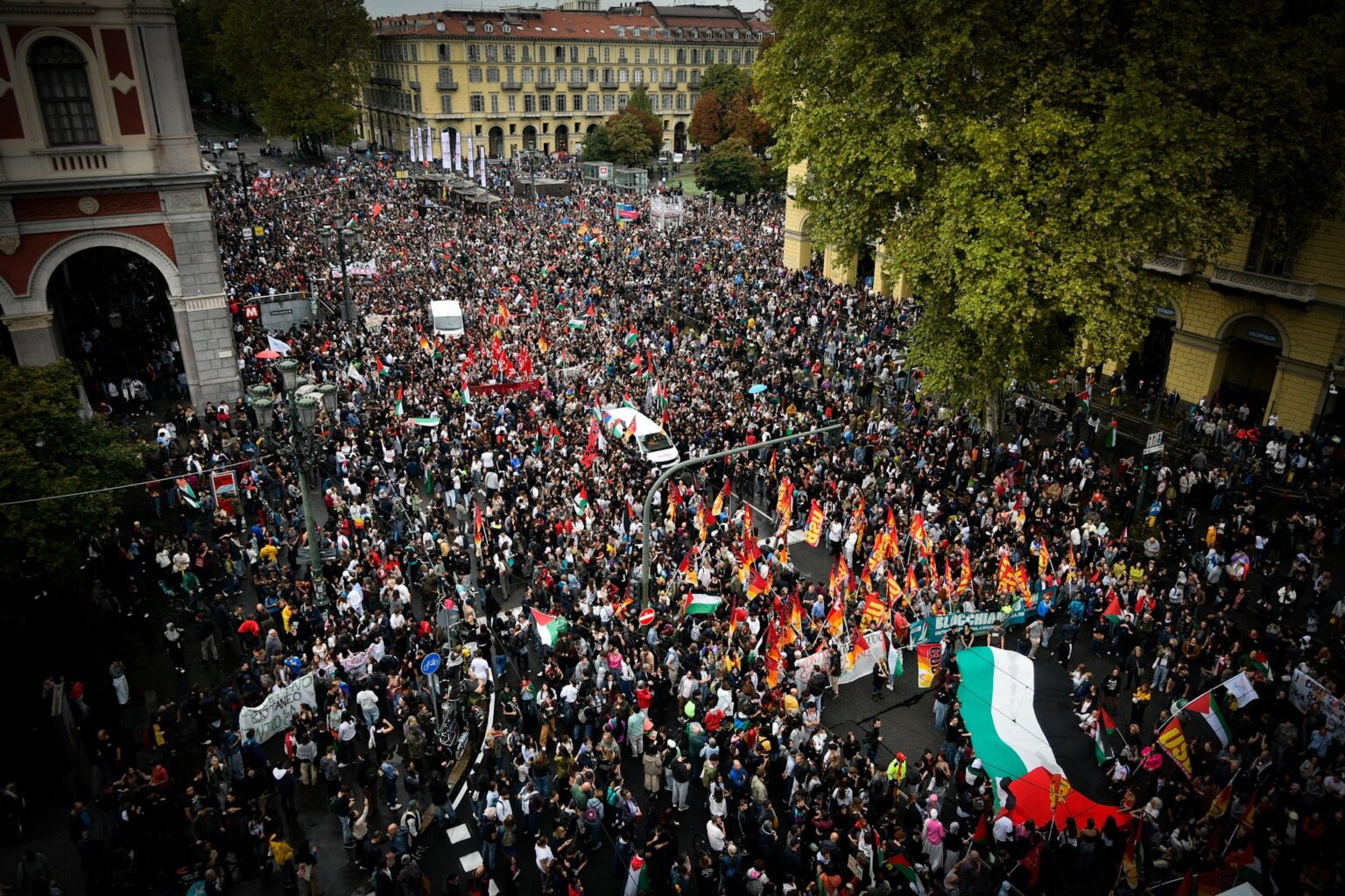 People march during the General Strike For Palestine on September 22, 2025, in Turin, Italy.