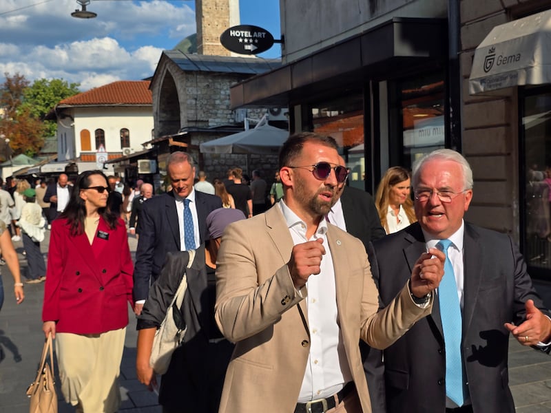 Adnan Delić, front center, minister of labor and social policy in Bosnia-Herzegovina; Elder Jack N. Gerard, right, General Authority Seventy; with Sister Angie and President Brian Cordray, Adriatic North Mission leaders, back, take a walk tour of Sarajevo, Bosnia-Herzegovina, in August 2025.
