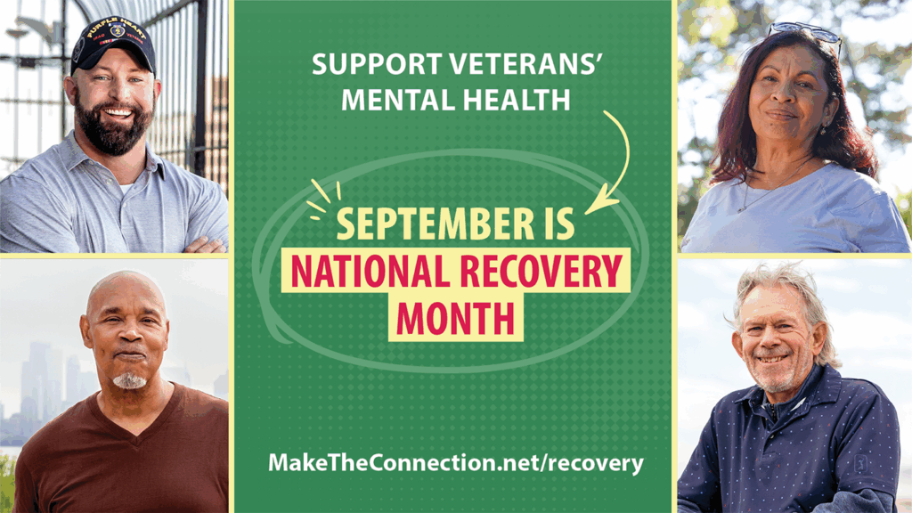 Photos of four Veterans looking forward. Text: Support Veterans’ Mental Health. September is National Recovery Month. URL: MakeTheConnection.net/recovery