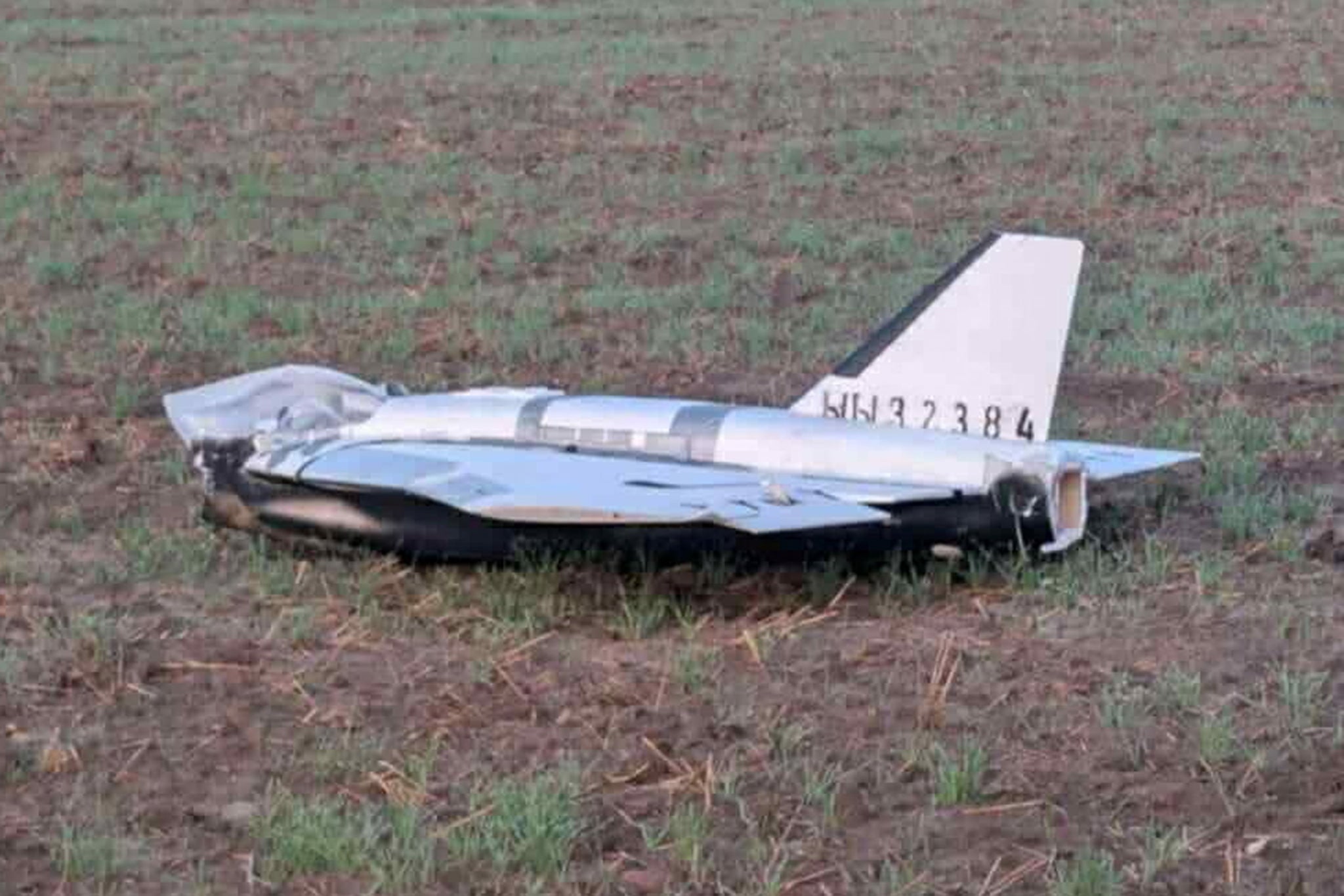 A damaged drone lies after falling in the eastern Polish village of Czosnowka