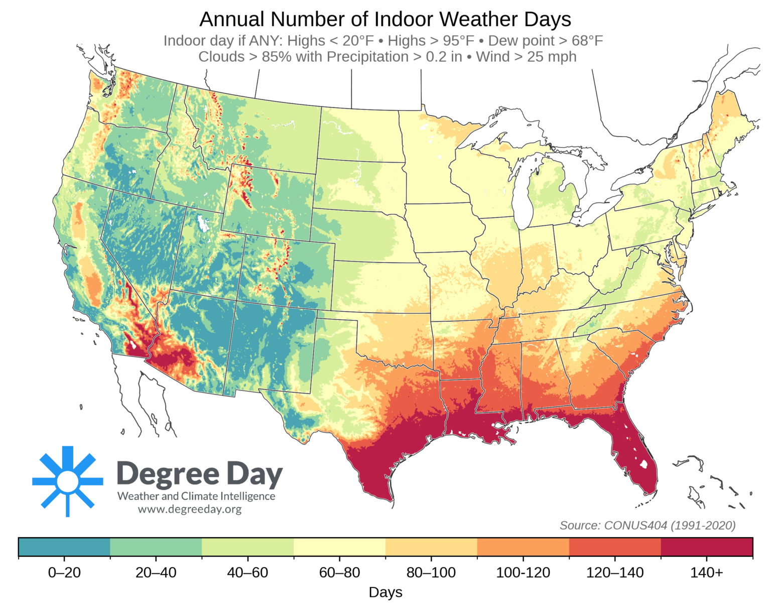 The Great Indoors - Annual Number of "Indoor Weather Days" [OC]