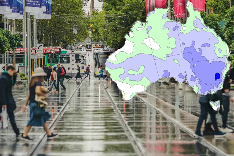 Wet weather conditions in Melbourne and a map forecast showing expected rain.