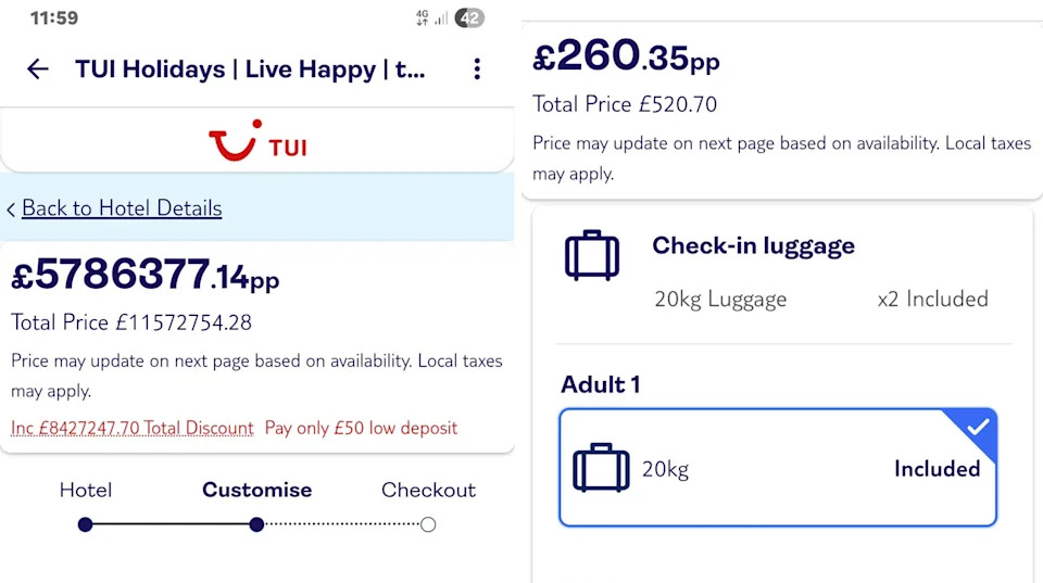 App images with graphics showing holiday prices with TUI.