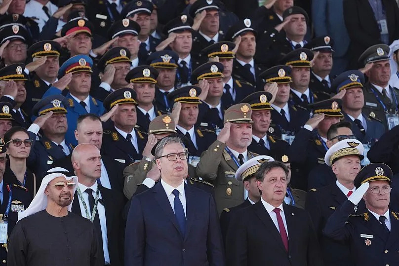 UAE President Mohammed bin Zayed Al Nahyan, Serbian President Aleksandar Vučić, Defence Minister Bratislav Gasic, and army chief-of-staff, Gen. Milan Mojsilovic at parade.