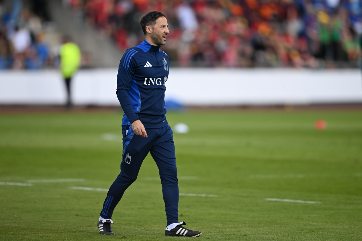 FREIBERG AM NECKAR, GERMANY - JUNE 13: Domenico Tedesco, Head of Belgium reacts during a public training session at Wasen-SportCentrum on June 13, 2024 in Freiberg am Neckar, Germany. (Photo by Christian Kaspar-Bartke/Getty Images)