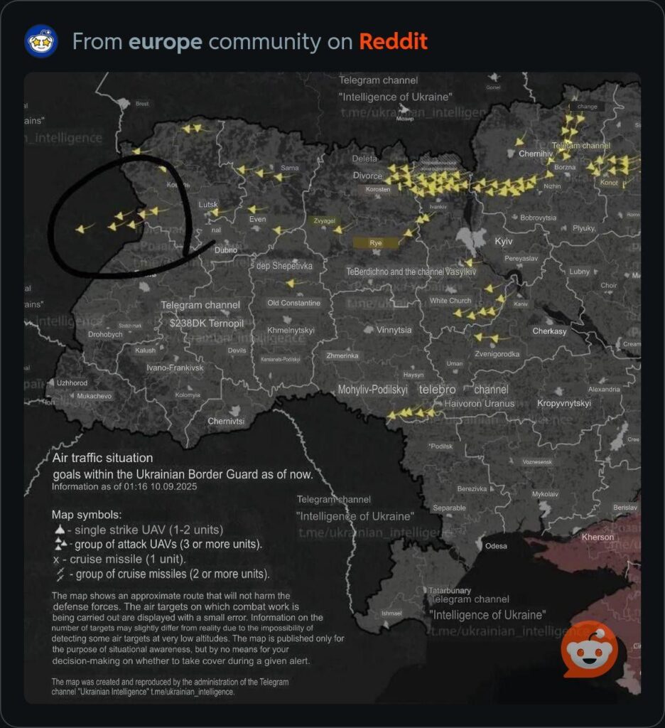 Map of Russian drones over Poland
