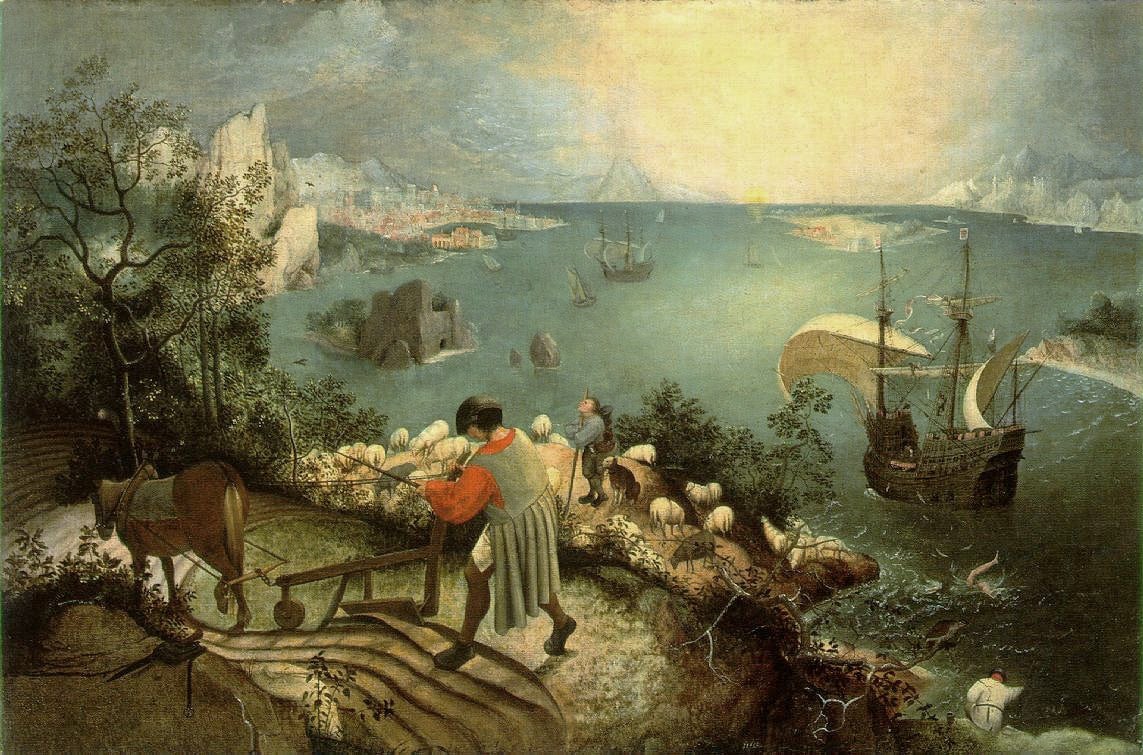 Painting by Bruegel depicting a vivid, full of life landscape and Icarus falling into the water in the background.