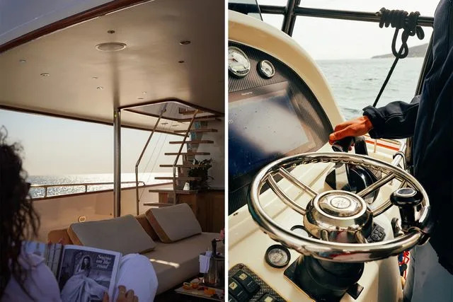Hotel Number Nine Left: lounging on Curiosity; Right: at the helm.