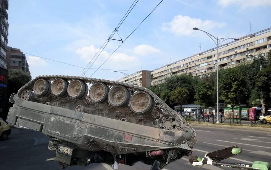 Tank of the Romanian Army, overturned after being struck by an electric scooter
