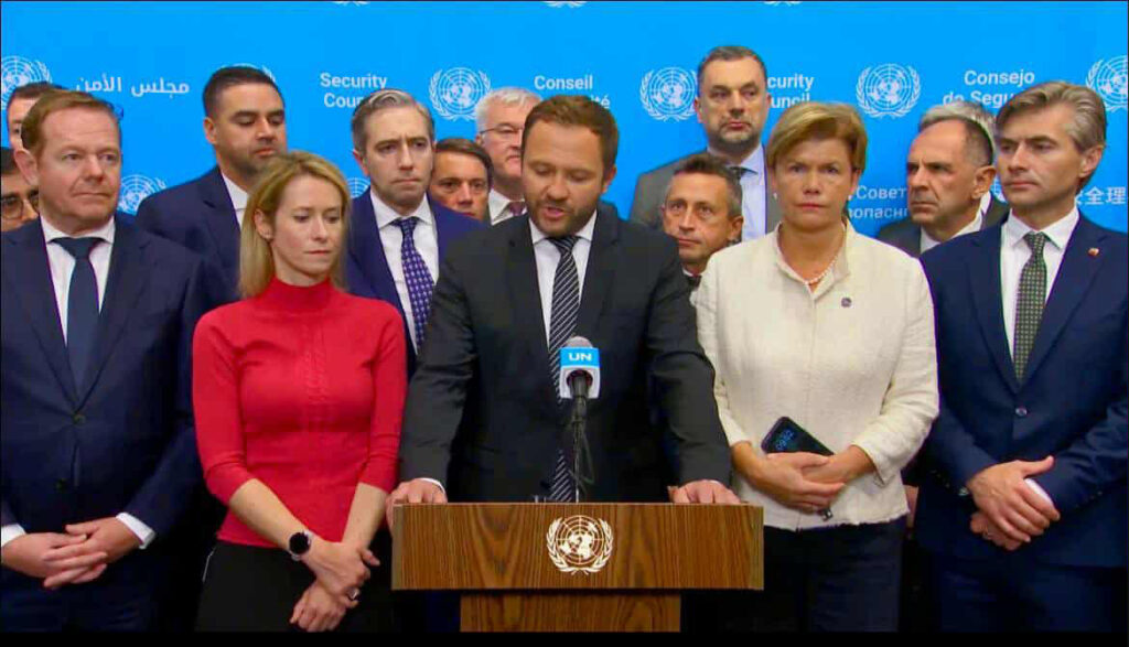 Margus Tsahkna reads joint statement by European Union and 50 countries, including Georgia, condemning violation of Estonian airspace by Russian fighter jets.
