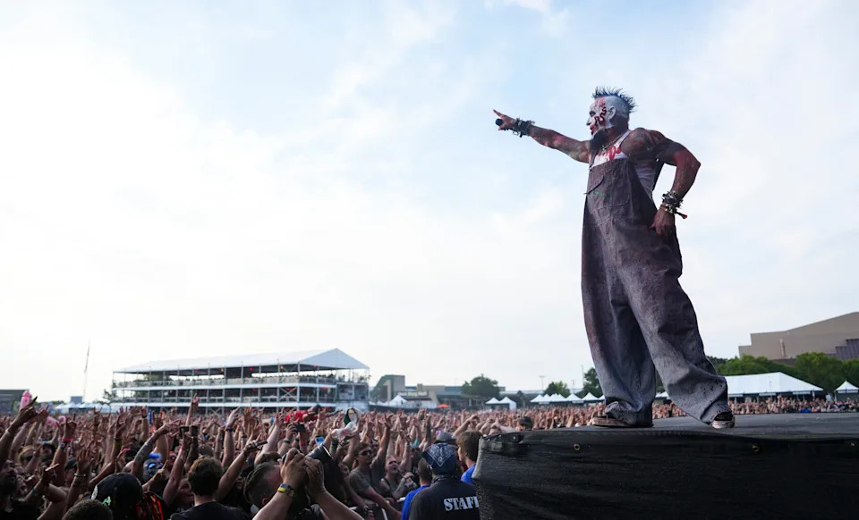 Singer Chad Gray and metal band Mudvayne perform to a crowd of thousands at Friday's 2025 Louder Than Life music festival in Louisville, Kentucky Sept. 19, 2025.