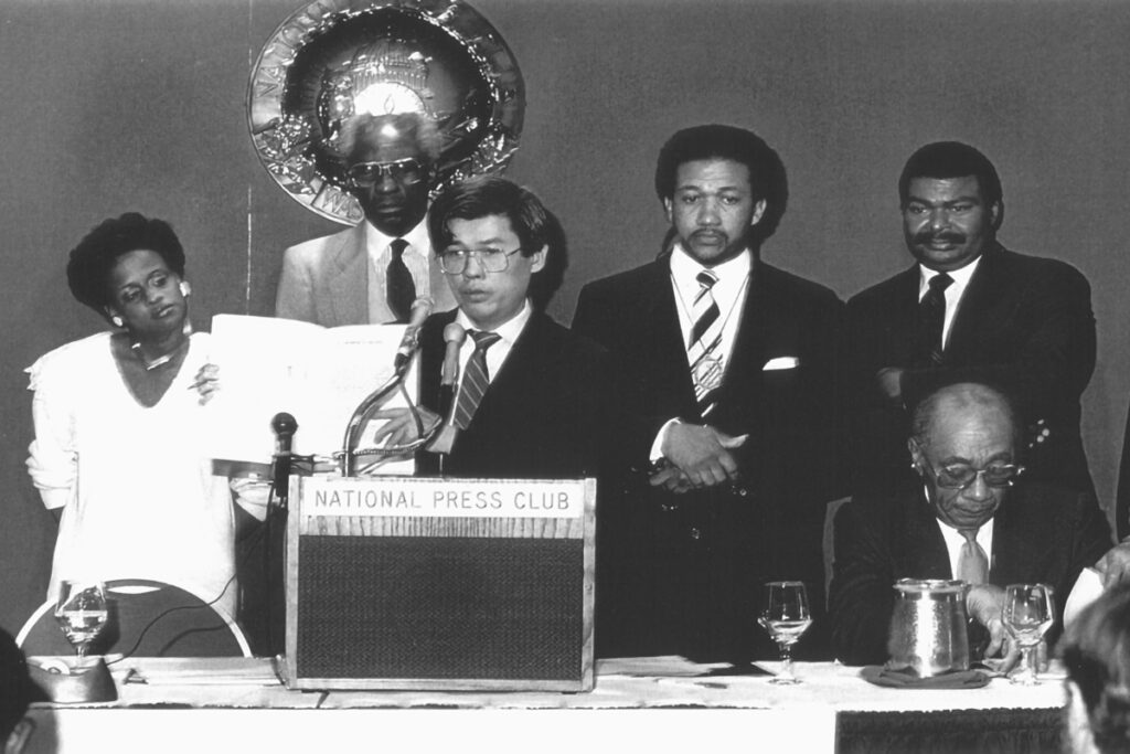 Charles Lee presents the results of the landmark Toxic Wastes and Race study on April 17, 1987, at the National Press Club in Washington, D.C. Credit: Judy Richardson/United Church of Christ Commission for Racial Justice